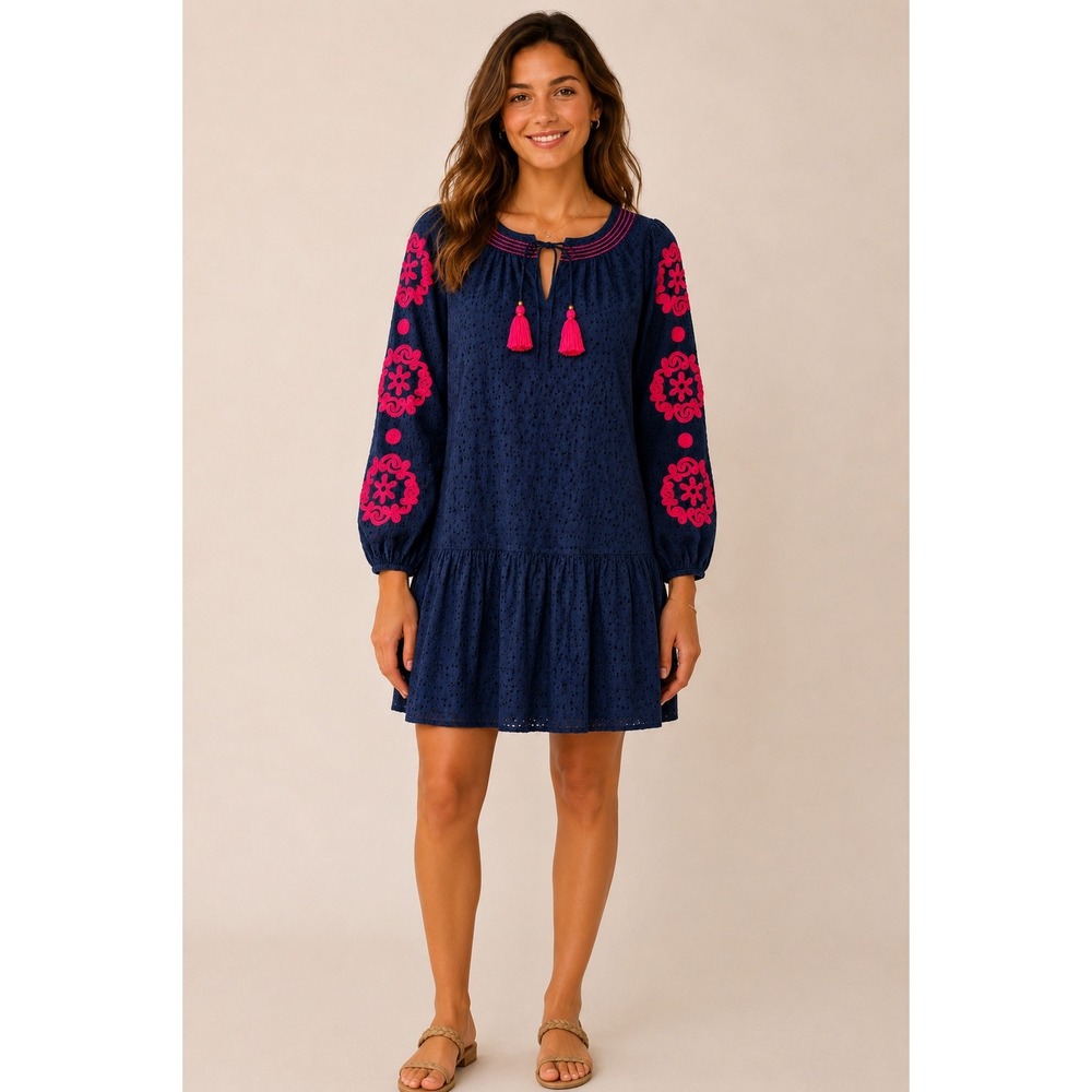 Lilly Pulitzer Navy Eyelet Embroidered Tassel Dress Boho Peasant Shift Size S